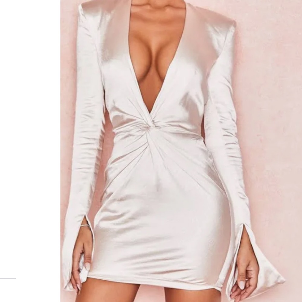Gently used House of cb satin champagne color dress.